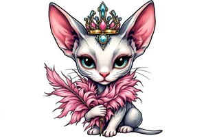 Chibi new school Glamorous sphinx cat holding 
pink feather boa and wearing a crown tattoo idea