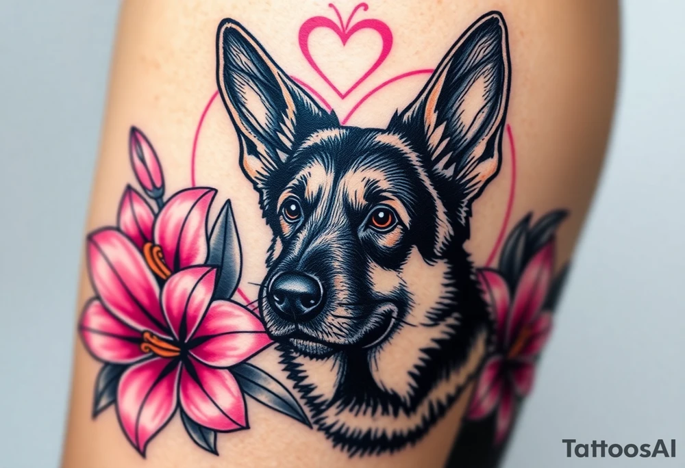 strong looking short haired german shepherd with alert ears surrounded by pink lilies with large leaves in front of a sacred heart tattoo idea