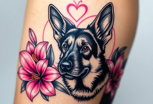 strong looking short haired german shepherd with alert ears surrounded by pink lilies with large leaves in front of a sacred heart tattoo idea