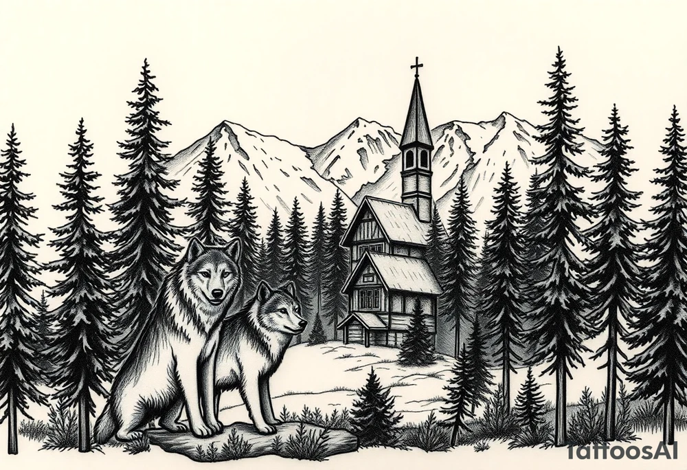 Nature/Landscape

Wolves in a pine forest (extending the tree line you already have)
A Russian bear emerging from the treeline
Snow-capped mountains behind the church scene tattoo idea