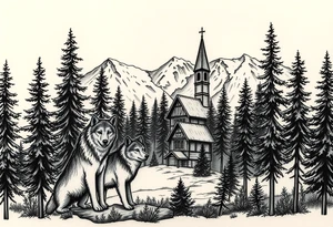 Nature/Landscape

Wolves in a pine forest (extending the tree line you already have)
A Russian bear emerging from the treeline
Snow-capped mountains behind the church scene tattoo idea
