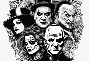 Classic horror combination, with influence from Michael Myers, Ghost Face, Freddy Krueger, Sweeney Todd and Jason Vorheez tattoo idea