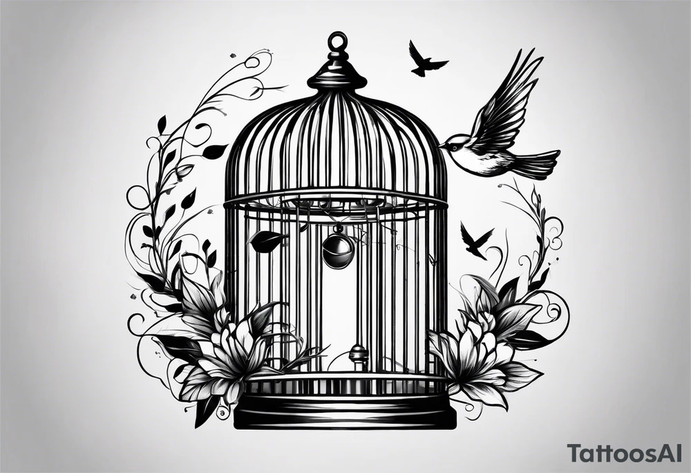 An open bird cage with a beautiful bird flying out of it. Front facing, it should be looking into the cage with the bird flying toward you out of the cage tattoo idea