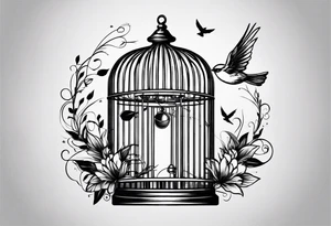 An open bird cage with a beautiful bird flying out of it. Front facing, it should be looking into the cage with the bird flying toward you out of the cage tattoo idea