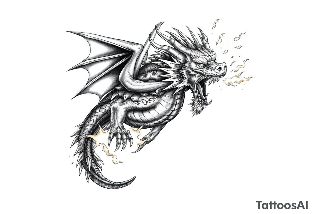 fierce dragon breathing iridescent fire against stormy skies tattoo idea