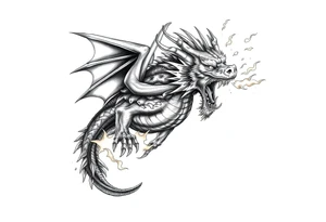 fierce dragon breathing iridescent fire against stormy skies tattoo idea