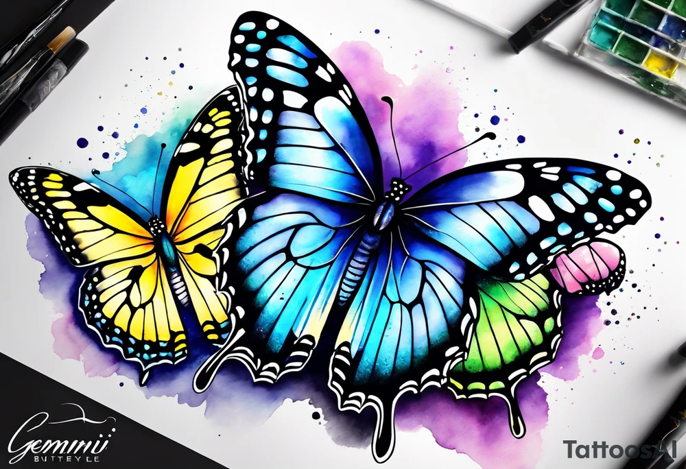 One black and white butterflie, two colorfull butterflies. Aquarelle style. Gemini stars.
 Colours blue, violet, green, yellow. tattoo idea