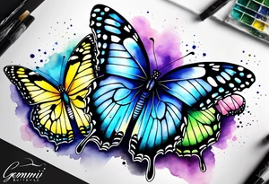 One black and white butterflie, two colorfull butterflies. Aquarelle style. Gemini stars.
 Colours blue, violet, green, yellow. tattoo idea