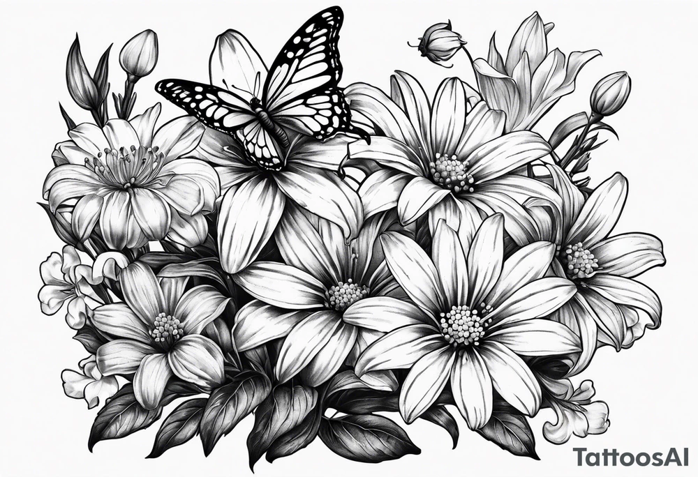 Daisies, lily of the valley, aster, butterfly tattoo idea