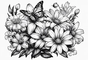 Daisies, lily of the valley, aster, butterfly tattoo idea