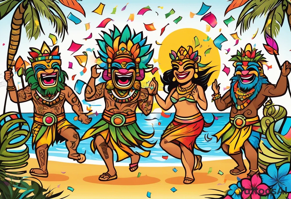 dancing tiki gods dance party on the beach with a sunset in the center of the image with confetti and music notes tattoo idea