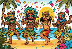 dancing tiki gods dance party on the beach with a sunset in the center of the image with confetti and music notes tattoo idea