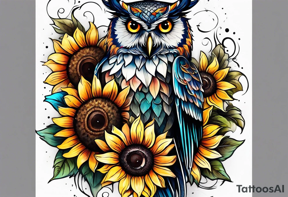 Leg sleeve with colorful sunflowers and an owl tattoo idea