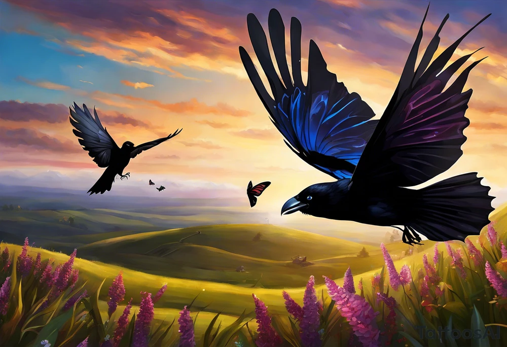 A butterfly flies towards the sky. Below the butterfly, a raven flies towards the sky. 
The butterfly and the raven are the same size
In the background is the name Malia.
In the background is the name SKF.
The number 89 can be seen in the background.
There is also a scorpion in the wing of the butterfly.
This tattoo is black and white and on the arm. tattoo idea