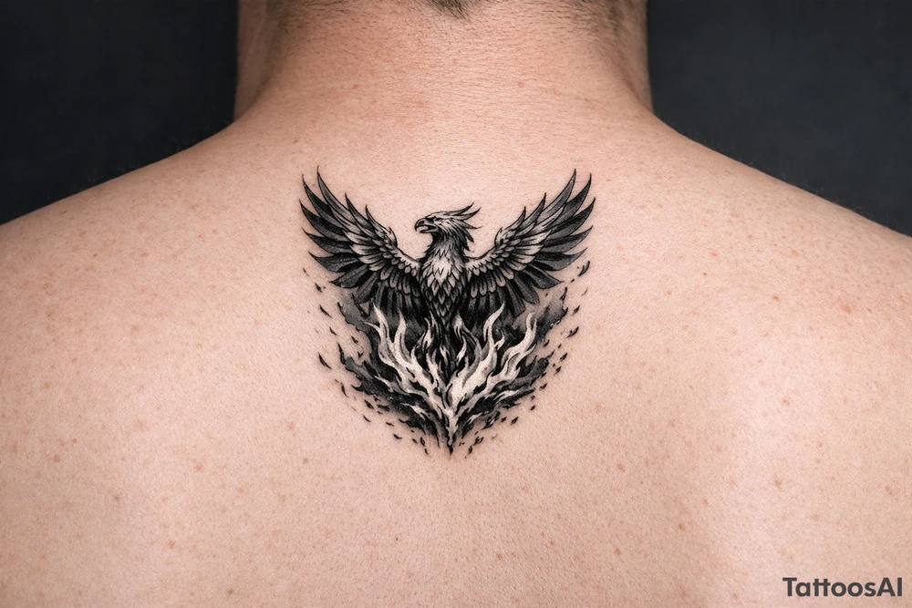 magnificent phoenix rising from golden flames with trailing embers tattoo idea