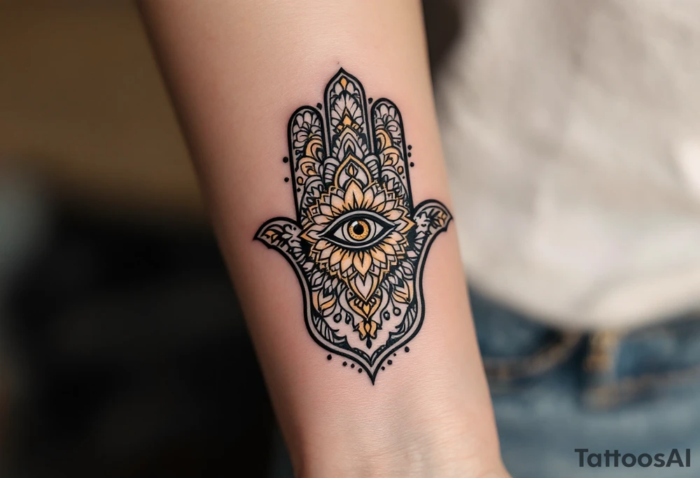 A black and gold Hamsa hand with intricate mandala patterns and an all-seeing eye in the center. tattoo idea