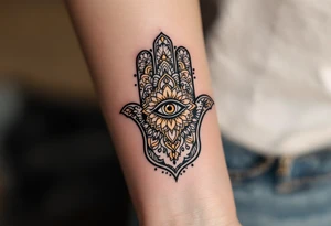 A black and gold Hamsa hand with intricate mandala patterns and an all-seeing eye in the center. tattoo idea