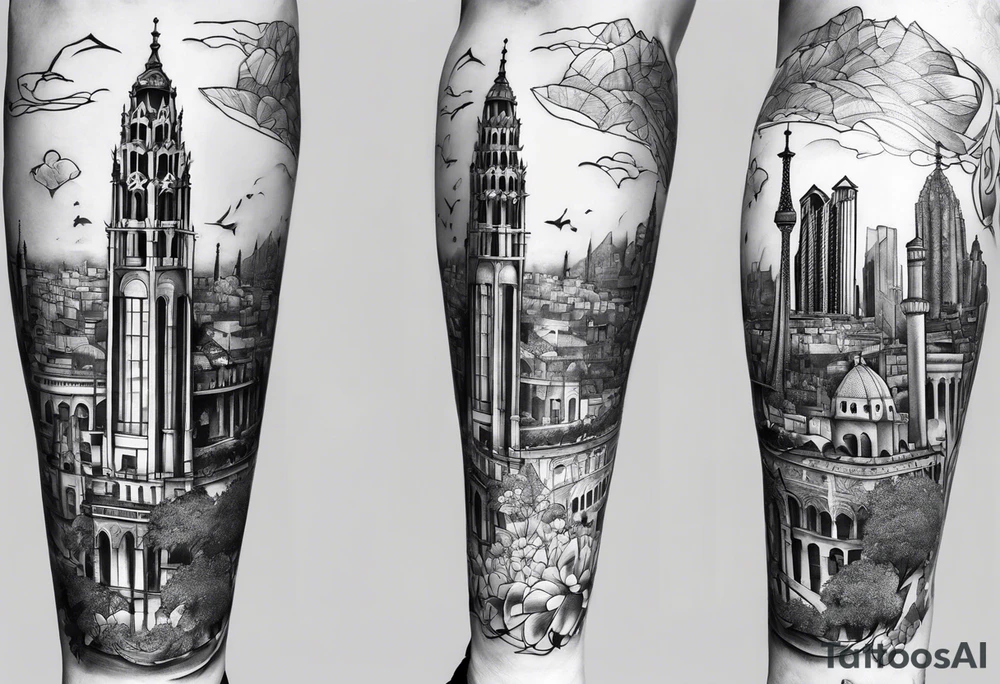 Barcelona skyline leg sleeve tattoo idea