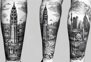 Barcelona skyline leg sleeve tattoo idea