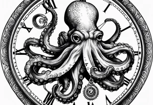 Octopus attacking an old pocket watch with his tentacles tattoo idea