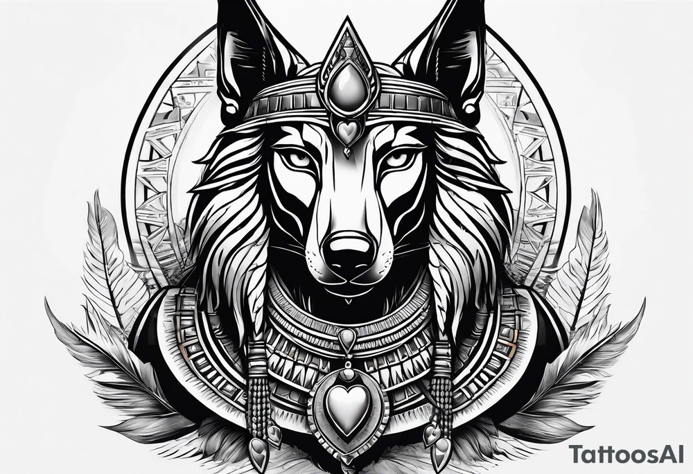 Egyptian style scary anubis god weighing the feather and the heart more realistic tattoo idea