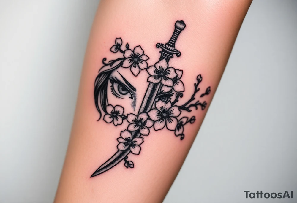 Warrior women eyes with sword cherry blossoms tattoo idea