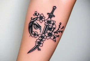 Warrior women eyes with sword cherry blossoms tattoo idea