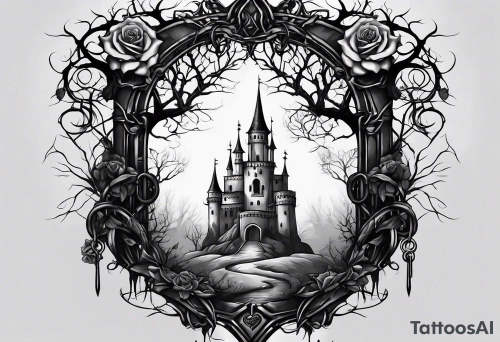 tattoo fool sleeve, dark gothic castle, tree roots break out of the chains, broken mask, roses tattoo idea