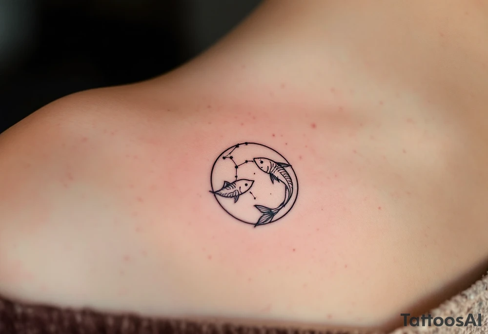 A fine-line Pisces constellation is overlaid on a soft pink moon, capturing the emotional depth of the zodiac. tattoo idea