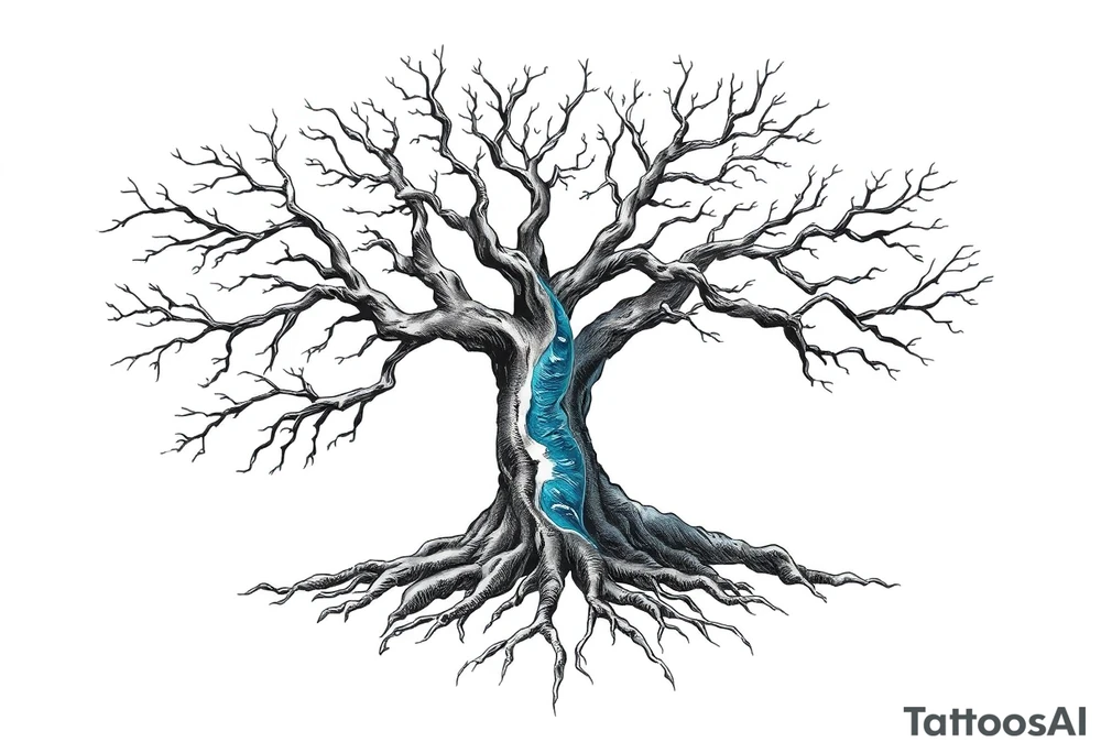 Black and white Tree with roots. Blue water inside the whole tree like veins tattoo idea