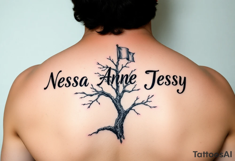the name Nessa, Anne, Jessy as flags on a live tree tattoo idea