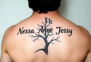 the name Nessa, Anne, Jessy as flags on a live tree tattoo idea