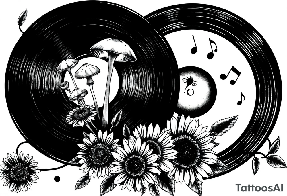 two overlapping vinyl records with mushrooms, sunflowers, and music notes tattoo idea
