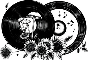 two overlapping vinyl records with mushrooms, sunflowers, and music notes tattoo idea