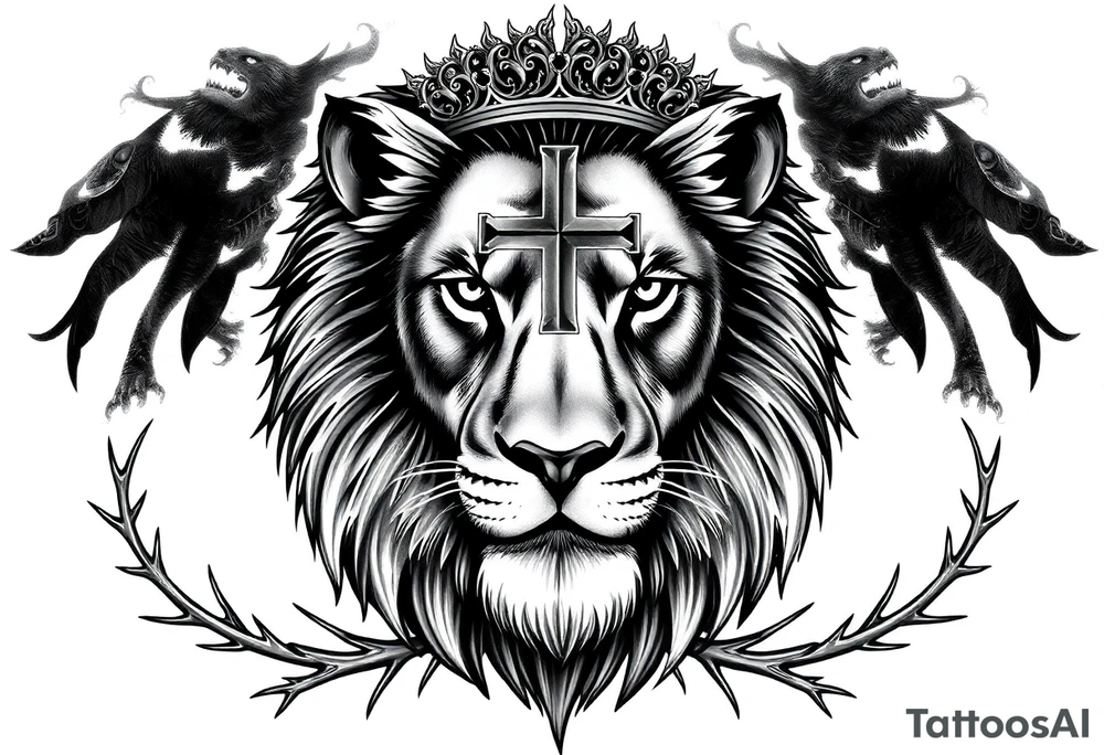 Large upper back tattoo design, centered and symmetrical.
A powerful, majestic male lion facing forward with an intense, calm gaze, ultra-detailed black and grey realism, highly defined mane and facial features.
The lion wears a royal ornamental crown resting naturally on its head.
A Christian cross embedded into the design, perfectly centered behind the lion’s head and mane, partially hidden and integrated, with only the outer edges and tips of the cross visible, as if the lion is emerging from it.
The cross is structural and symbolic, not floating, not overlapping in front of the lion.
Surrounding the lion are ornamental thorn elements only — sharp, elegant, symmetrical thorn vines wrapping around and framing the lion’s mane and shoulders.
NO flowers, NO leaves, NO birds, NO animals, NO skulls.
Strong contrast, bold clean linework, smooth shading, tattoo-ready, masculine, regal, spiritual, timeless design. tattoo idea
