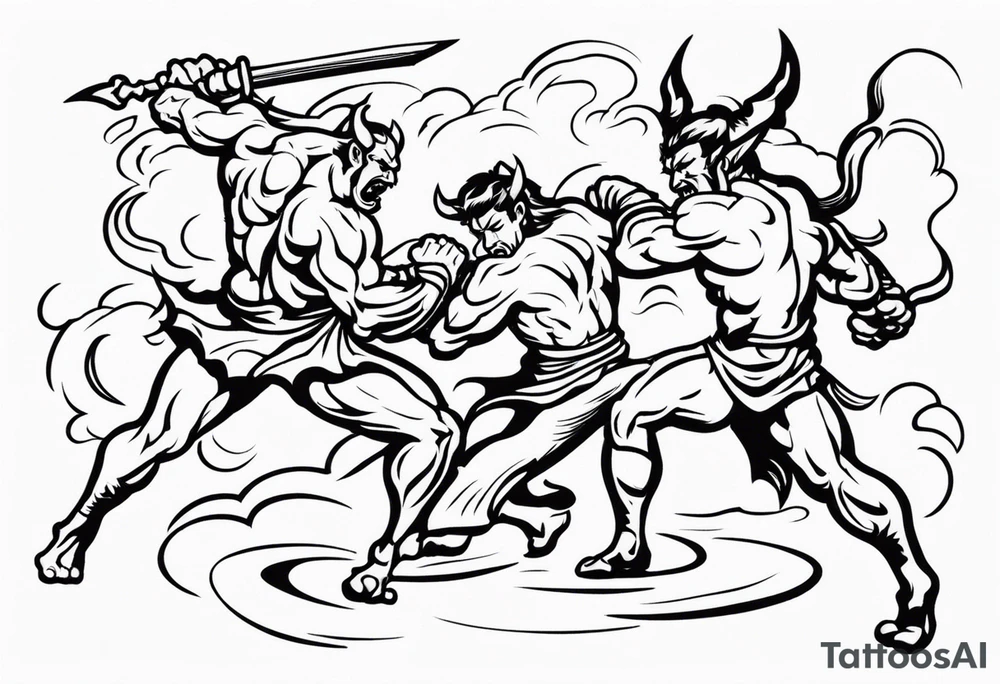 male fighting demons tattoo idea