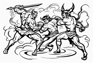 male fighting demons tattoo idea