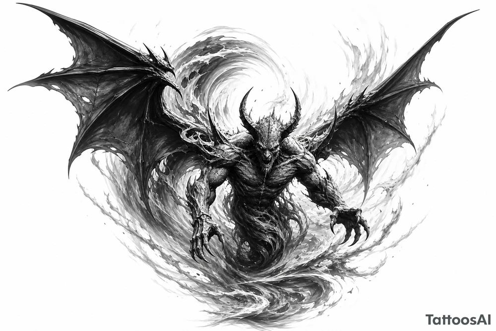 Winged air demon emerging from a swirling wind vortex, dark fantasy style. tattoo idea