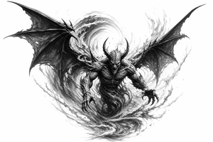 Winged air demon emerging from a swirling wind vortex, dark fantasy style. tattoo idea