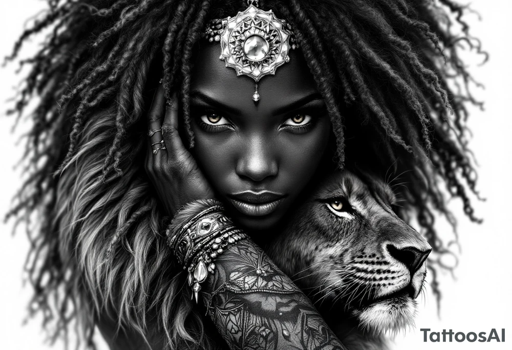 Black African goddess with lion tattoo idea