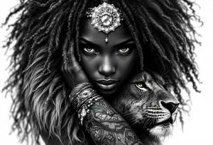 Black African goddess with lion tattoo idea