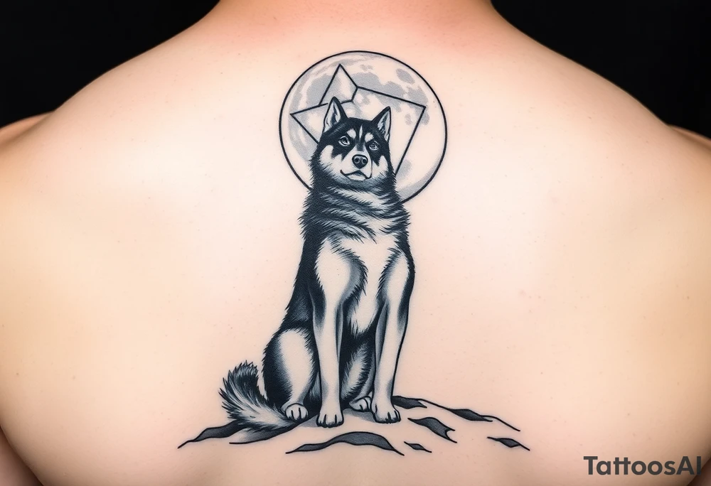 smALL HUSKY LOOKING AT A TRIBAL MOON STANDONG IN THE SAND IN THE SEA WITH THE CONSTALATION OF SAGITARIUS PUT COLOR tattoo idea