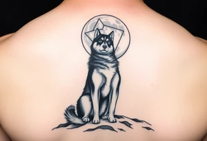 smALL HUSKY LOOKING AT A TRIBAL MOON STANDONG IN THE SAND IN THE SEA WITH THE CONSTALATION OF SAGITARIUS PUT COLOR tattoo idea