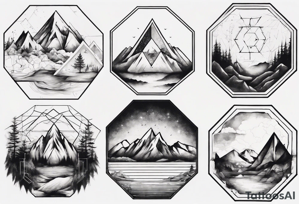 A hexagon with mountains extending beyond the boundary of the figure tattoo idea