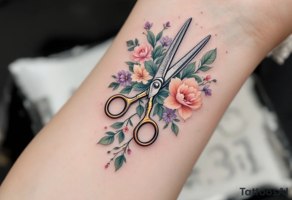 Floral Scissors Tattoo – Silver scissors with intricate floral patterns growing around them, blending greenery with soft pastels like peach, pink, and lavender. The flowers represent creativity and craftsmanship. tattoo idea