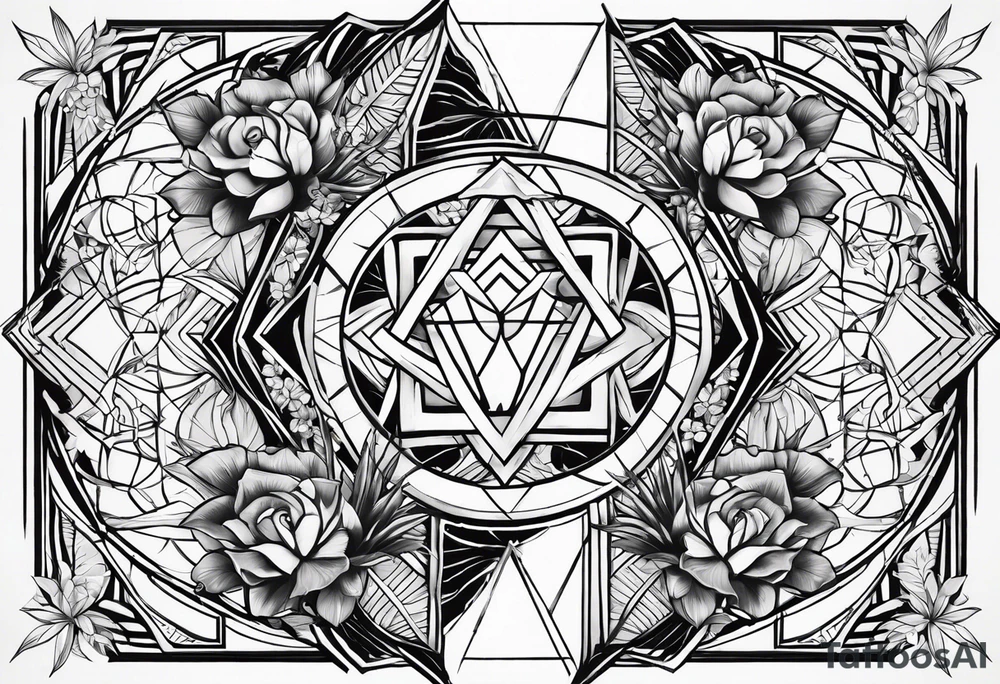 full sleeve tattoos for men with sacred geometry mixed tropical theme going from left chest to left hand with black outlines used throughout. Mixed with tropical flowers. tattoo idea