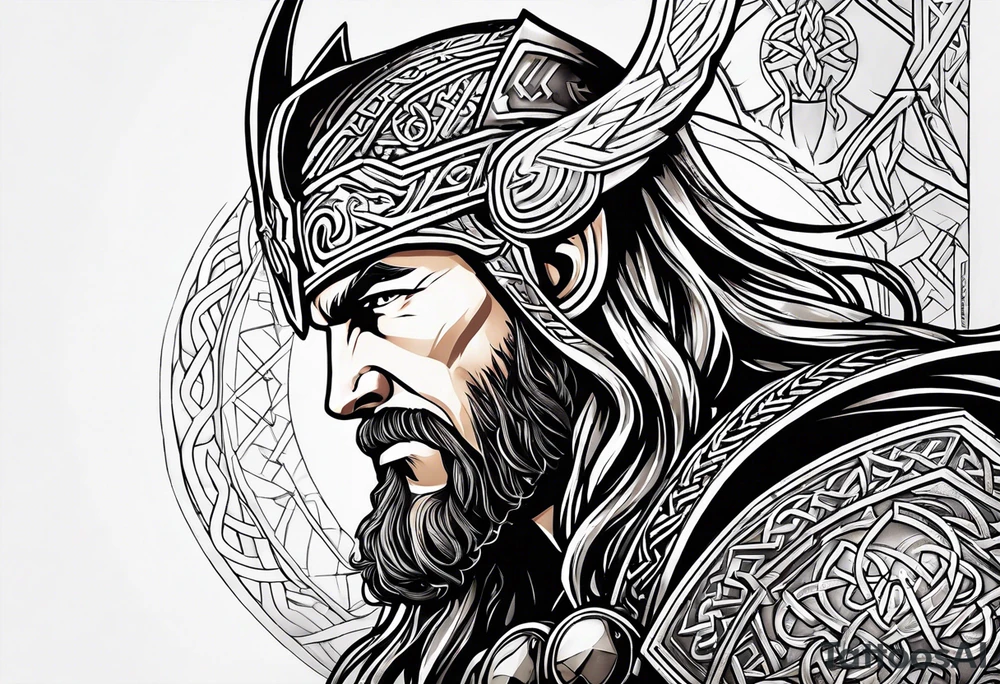 Thor with Viking runes in the background as a vignette tattoo idea