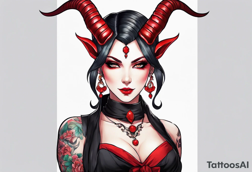 anime style succubus with red horns in a portrait tattoo idea