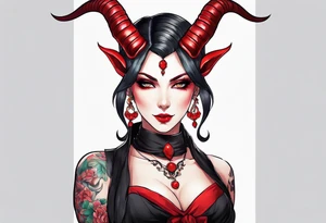 anime style succubus with red horns in a portrait tattoo idea