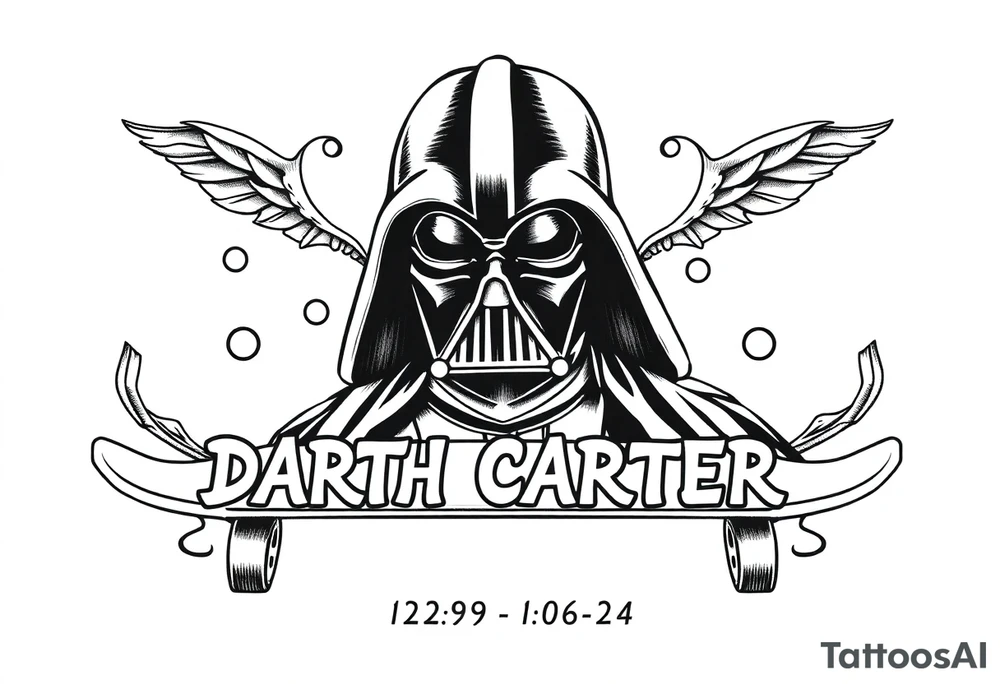 Skateboarding Darth Vader
WORDS in star wars font "Darth Carter"
12/29/88-01/06/24 tattoo idea